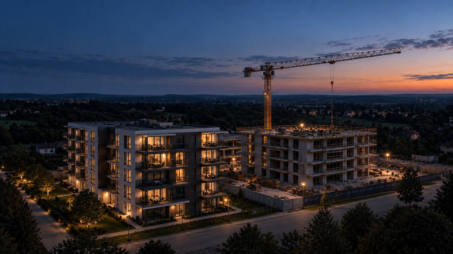 Saját beruházású lakópark légifotó alkonyatkor, Image-Construct Kft.